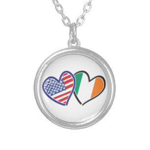 USA Ireland Heart Flags Silver Plated Necklace