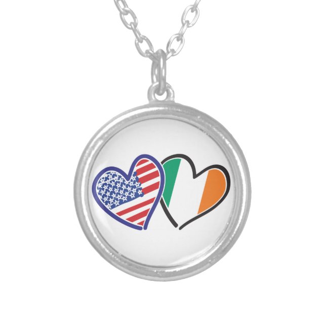 USA Ireland Heart Flags Silver Plated Necklace (Front)