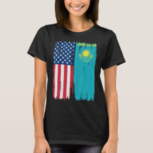 USA Kazakhstan Half american Flag Roots T-Shirt