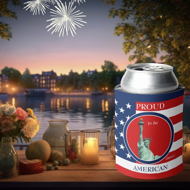 USA Liberty Freedom Independence Can Cooler (Can cooler featuring the American flag with an image of the statue of Liberty. )