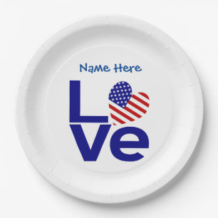 USA Love Flag in Blue Personalized Party Paper Plates