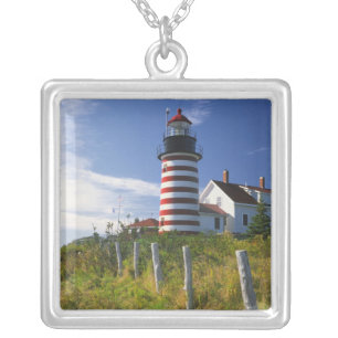 USA, Maine, Lubec. West Quoddy Head Lighthouse Silver Plated Necklace