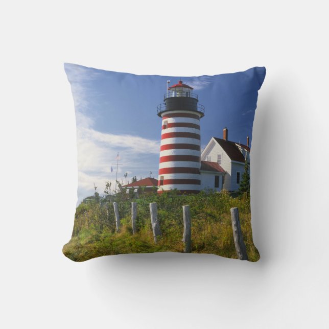 USA, Maine, Lubec. West Quoddy Head Lighthouse Throw Pillow (Front)