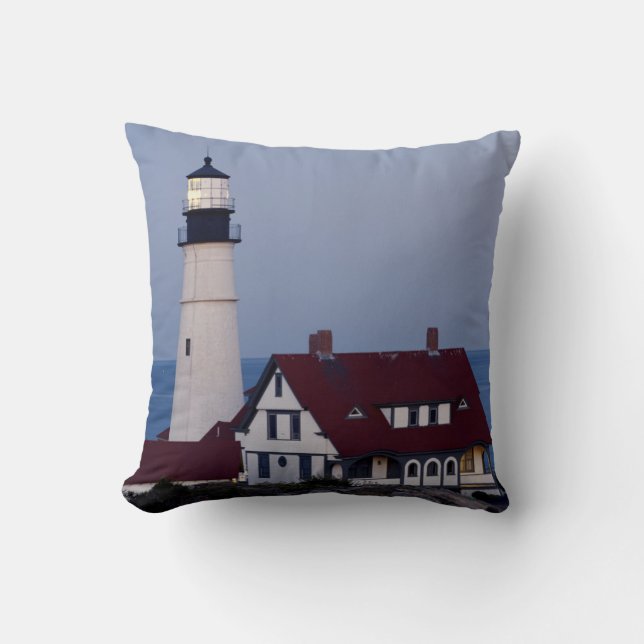 USA, Maine, Portland, Cape Elizabeth, Lighthouse Throw Pillow (Front)