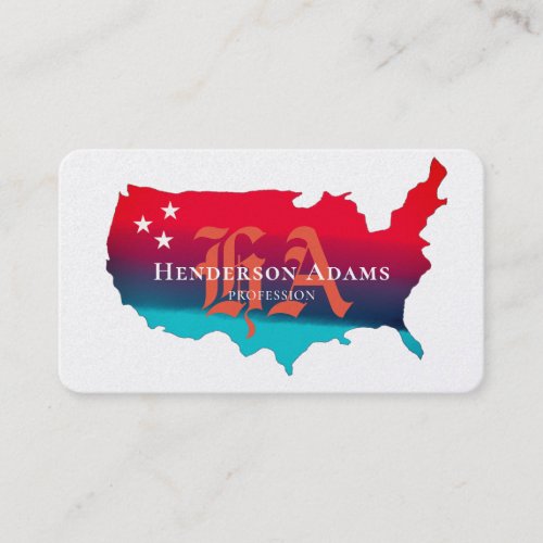 USA Map Blue Red Ribbons Stars Monogram Business Card