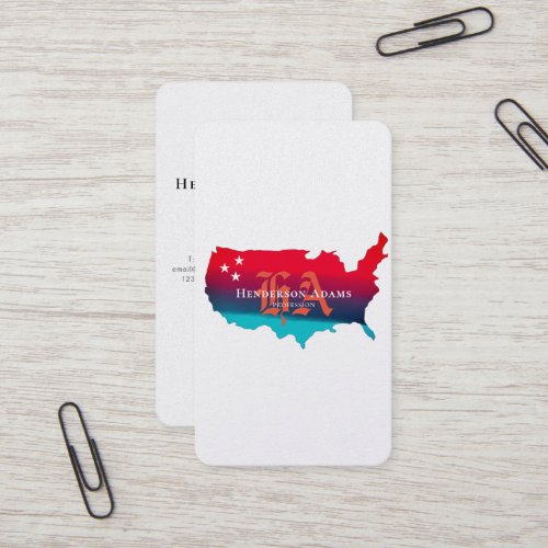 USA Map Blue Red Ribbons Stars Monogram Vertical Business Card