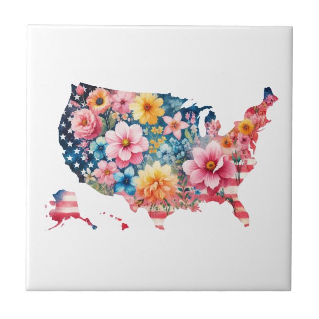 USA Map flower  Ceramic Tile (Front)