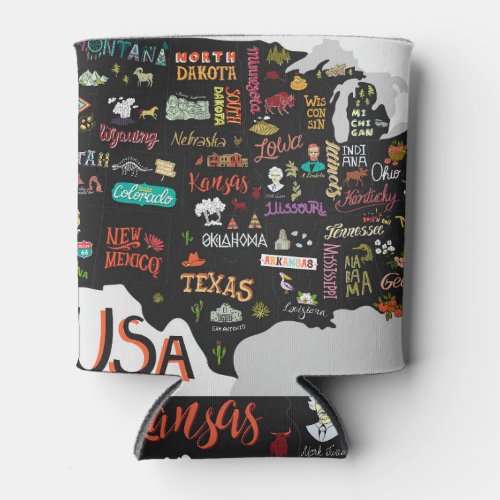 USA Map Illustrated Poster Can Cooler