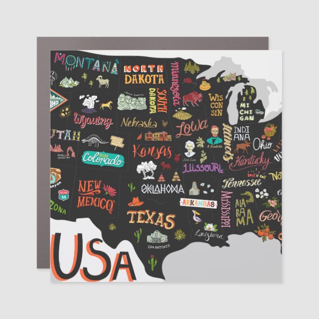 USA Map: Illustrated Poster Car Magnet (Front)