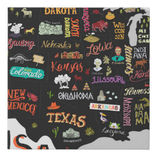 USA Map: Illustrated Poster Faux Canvas Print