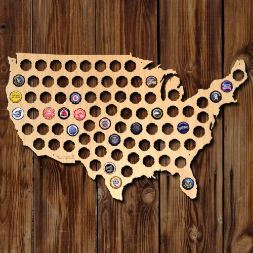 USA Map Natural Birch Plywood Beer Cap Map - The perfect gift for the beer drinker, our beer cap USA maps are laser cut one at a time, right here in Oklahoma by the HomeWetBar experts just for you. Custom made of handsome 1/4" Birch plywood, measures approximately 24" x 15". Map of the USA holds 94 of your favorite beer caps. Comes pre-drilled ready for hanging (use finish nails). Exclusive design, which securely holds your bottle caps in place for display.