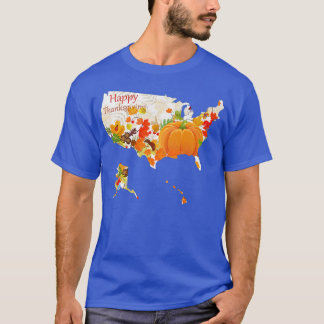 USA map with autumn leaves, pumpkin, happy thanksg T-Shirt
