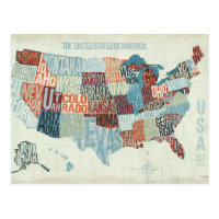 USA Map with States in Words Postcard