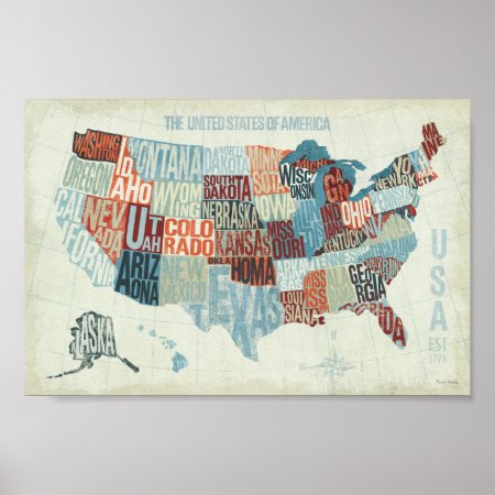 Usa Map With States In Words Poster