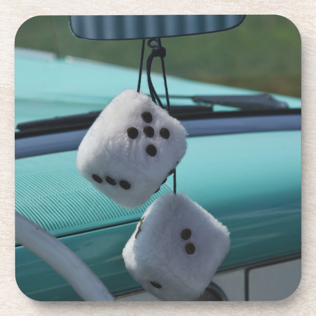 USA, Massachusetts, Gloucester. Fuzzy dice in a Beverage Coaster (Front)