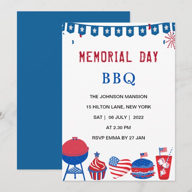 USA memorial day BBQ party patriotic Invitation (Front/Back)