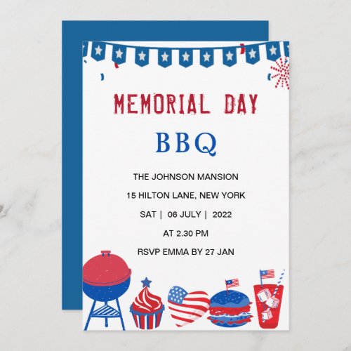 USA memorial day BBQ party patriotic Invitation