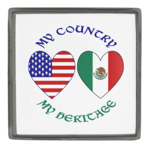 USA Mexico Flag Hearts My Country My Heritage Gunmetal Finish Lapel Pin