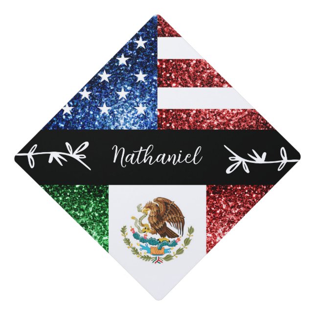 USA Mexico flag red blue sparkles Custom Name Graduation Cap Topper (Front)