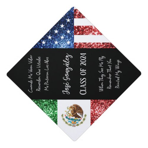 USA Mexico flag sparkles Custom name class Graduation Cap Topper