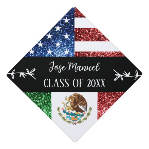 USA Mexico flag sparkles Custom Name Class of 2024 Graduation Cap Topper