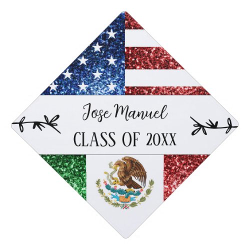 USA Mexico flag sparkles Custom Name Class of 2024 Graduation Cap Topper