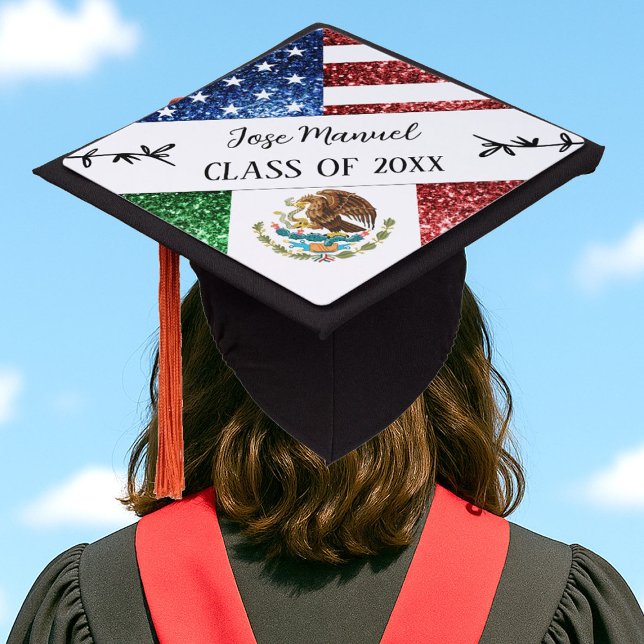 USA Mexico flag sparkles Custom Name Class of 2025 Graduation Cap Topper (Creator Uploaded)