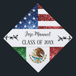 USA Mexico flag sparkles Custom Name Class of 2025 Graduation Cap Topper<br><div class="desc">USA Mexico flag sparkles Custom Name Class of 2024 Graduation Cap Topper. Unique patriotic gift ideas for your graduate. USA flag in red and blue faux sparkles glitters. We use photo of sparkles and not actual glitters.</div>