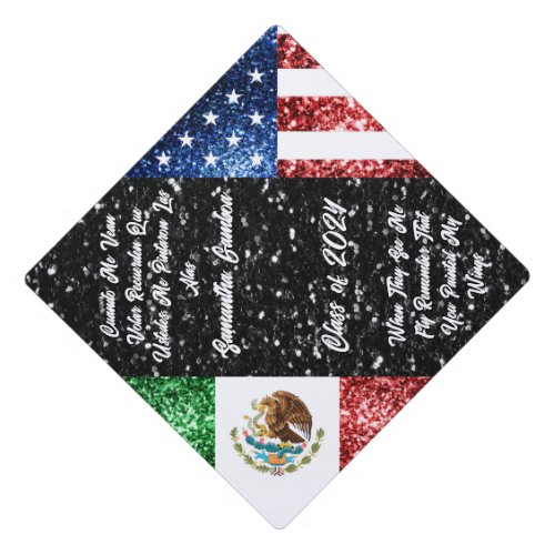 USA Mexico flag sparkles glitters Custom text Graduation Cap Topper