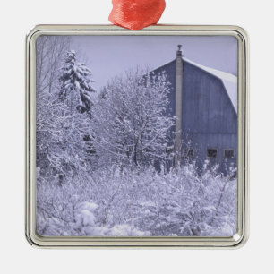 USA, Michigan, Rochester Hills. Snowy blue Metal Ornament