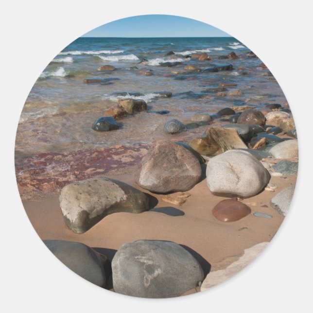 USA, Michigan. Rounded Boulders On 12 Mile Classic Round Sticker (Front)