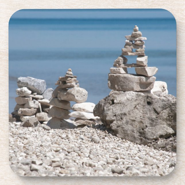 USA, Michigan. Stone Towers On The Beach Beverage Coaster (Front)