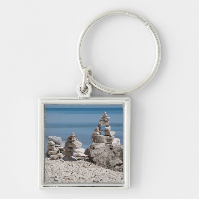 USA, Michigan. Stone Towers On The Beach Keychain (Front)