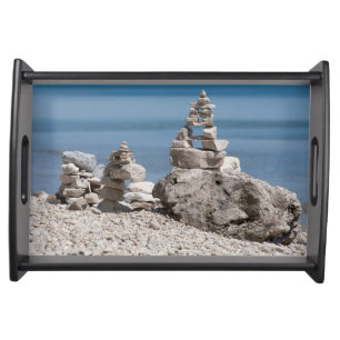 USA, Michigan. Stone Towers On The Beach Serving Tray