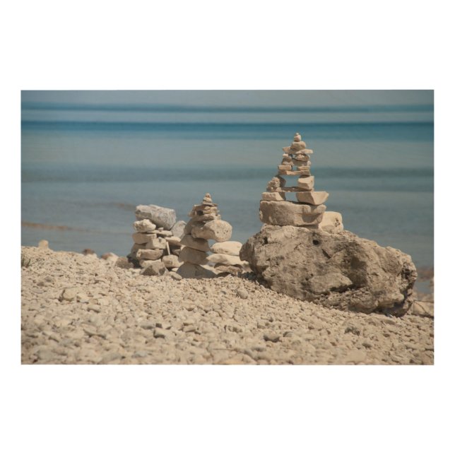 USA, Michigan. Stone Towers On The Beach Wood Wall Art (Front)