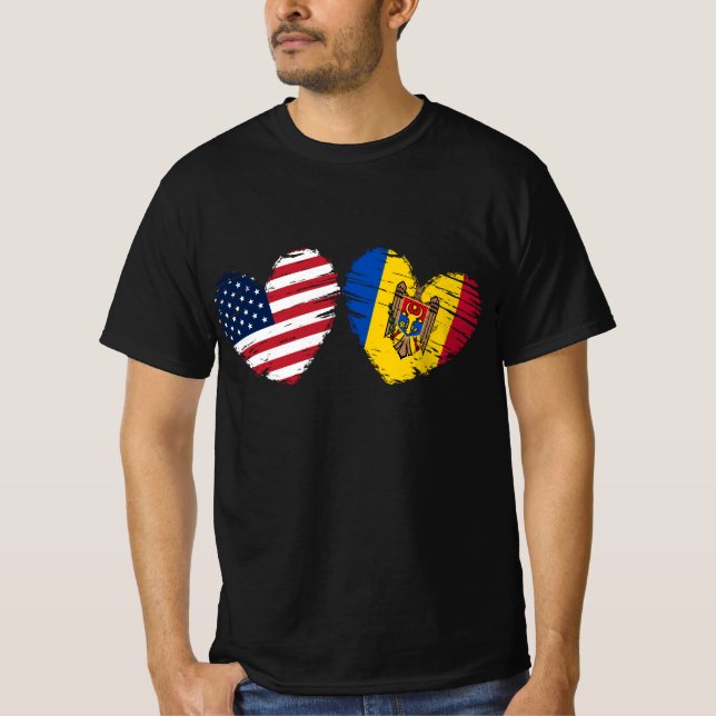 USA Moldova Flag Heart Moldovan American T-Shirt (Front)