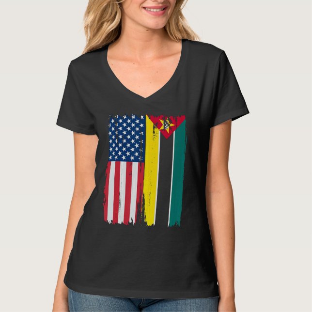 USA Mozambique Half american Flag Roots T-Shirt (Front)