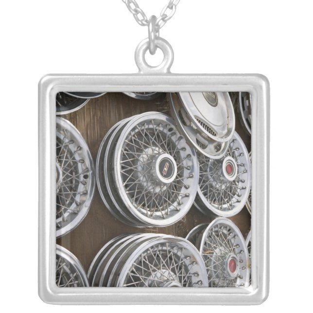 USA, New Mexico, Prewitt: Auto Hubcaps / Rt. 66 Silver Plated Necklace (Front)