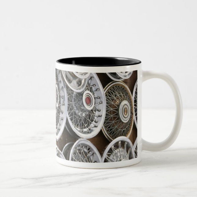 USA, New Mexico, Prewitt: Auto Hubcaps / Rt. 66 Two-Tone Coffee Mug (Right)