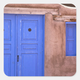 USA, New Mexico, Santa Fe. View of blue door and Square Sticker