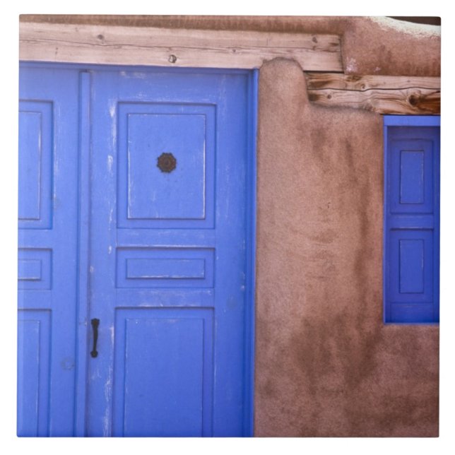 USA, New Mexico, Santa Fe. View of blue door and Tile (Front)