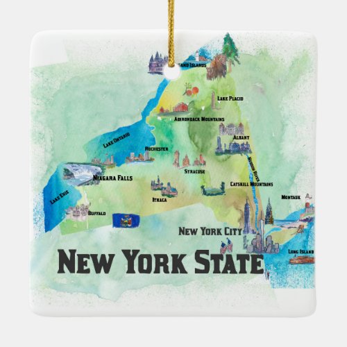 USA New York State Travel Poster Map Ceramic Ornament