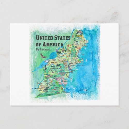 USA Northeast States Map Postvard _ New England Postcard
