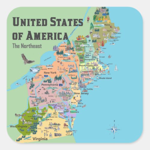 USA Northeast States Map Square Sticker