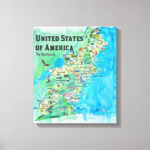 USA Northeast States Map VA WV MD PA NY MS CT RI V Canvas Print