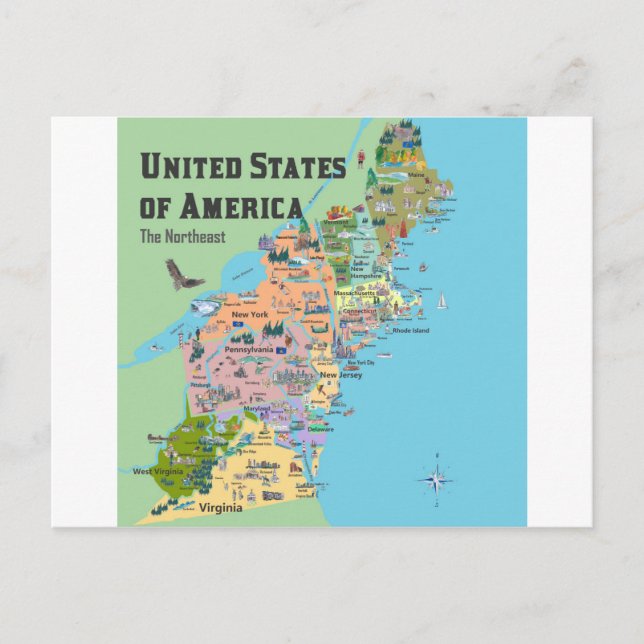 USA Northeast States Travel Map - New England Postcard (Front)
