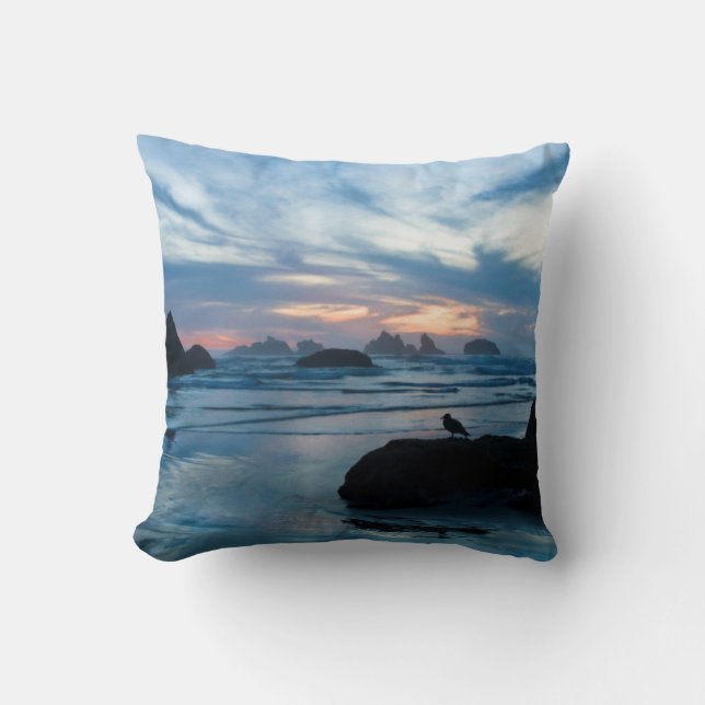 USA, Oregon, Bandon Beach. Seagull on rock Throw Pillow (Front)