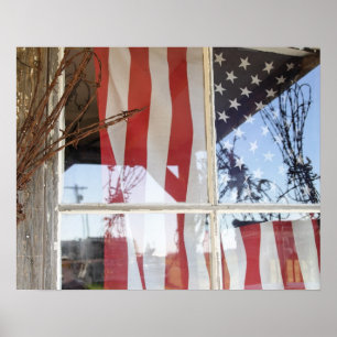 USA, Oregon, Shaniko. Flag in window next to Poster