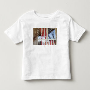 USA, Oregon, Shaniko. Flag in window next to Toddler T-shirt