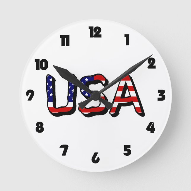 USA overlaid on US Flag Black Fat Numbers wccnt Round Clock (Front)